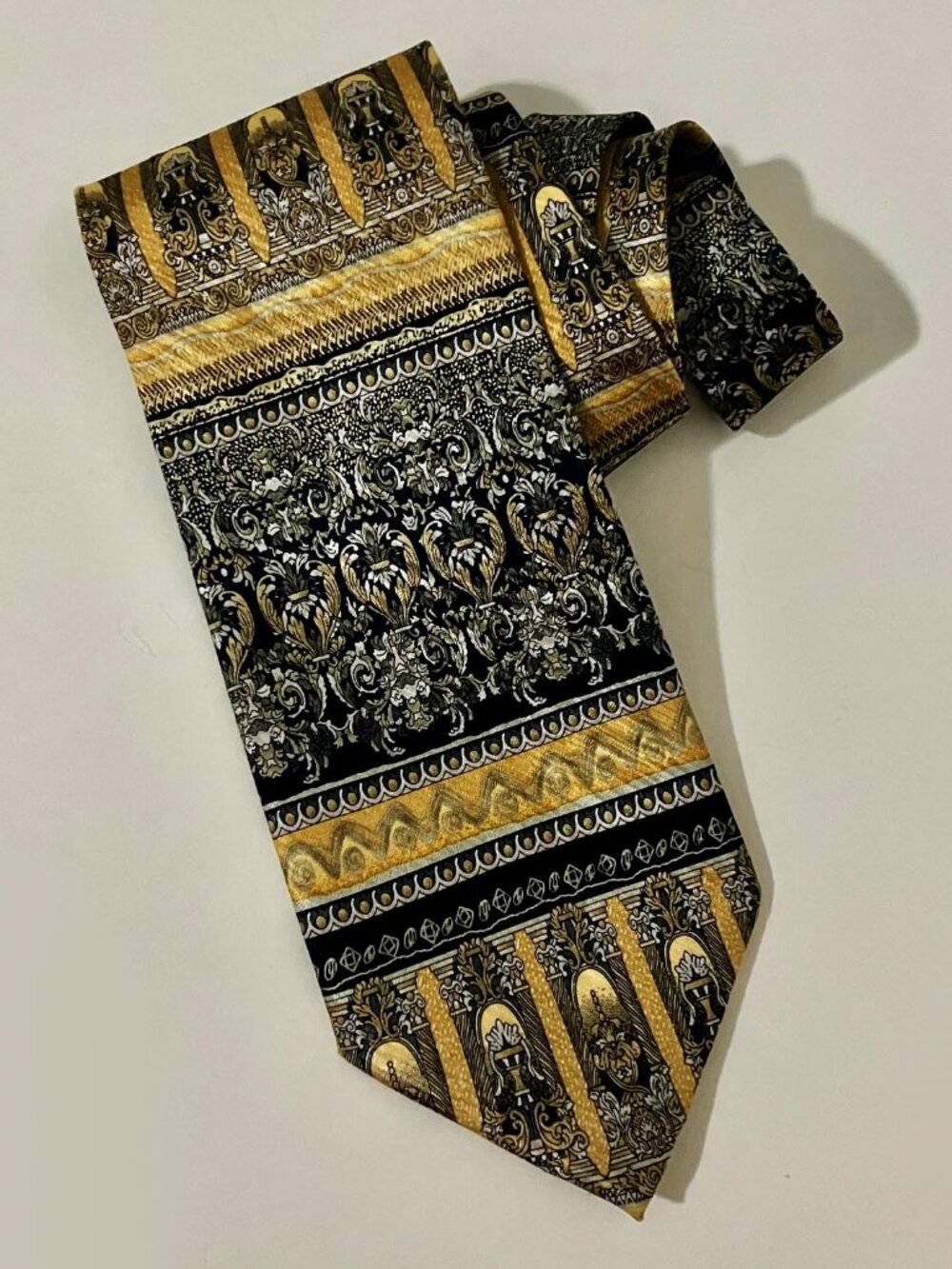 Vintage 90's Daniel De Fasson Silk Tie Gold Black Baroque Geometric Power Tie